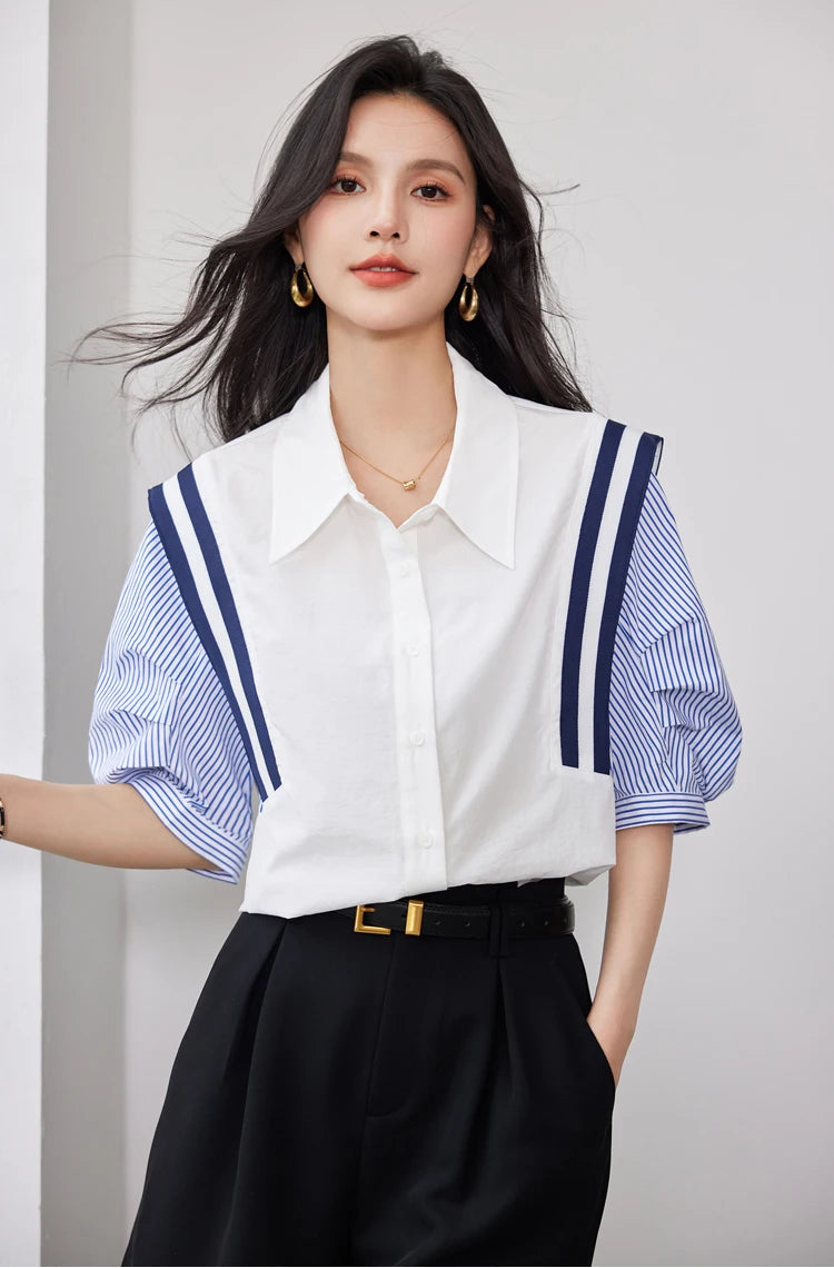 French Elegant Office Lady Shirt Female 2024 Spring Striped Contrasting Color Long-Sleeved Temperament Slim Top Fashion Blouse