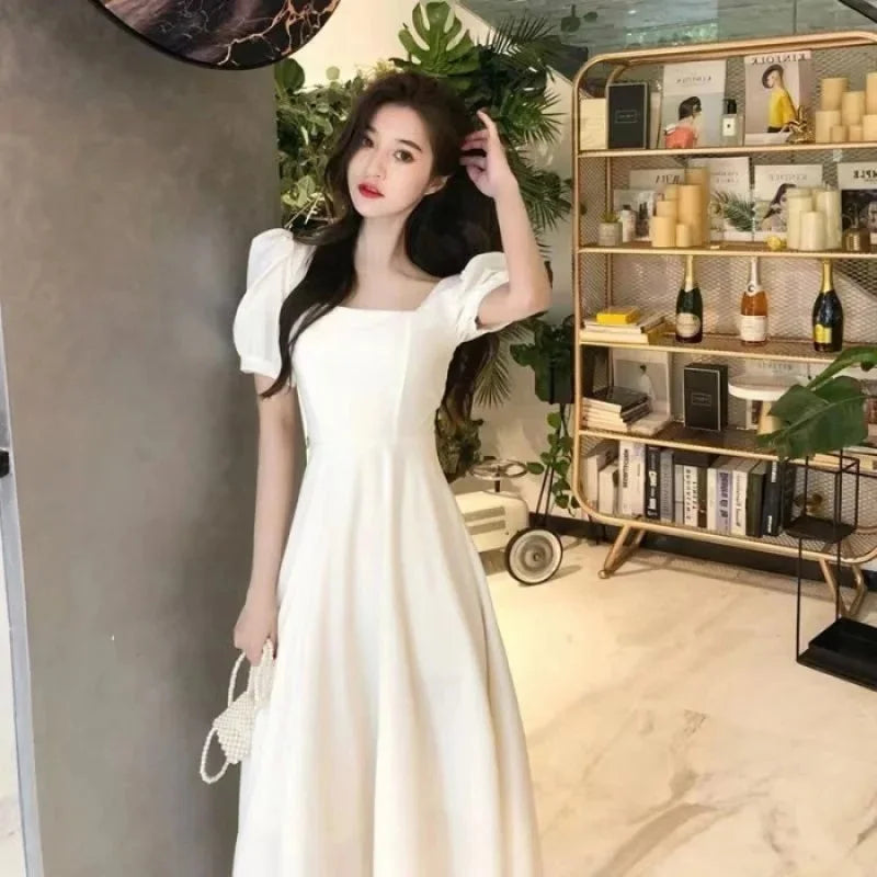 Summer French Vintage Hepburn White Long Dress Slimming High Waist Square Neck Bubble Skirt Women's Fashionable Knee-Length Dres