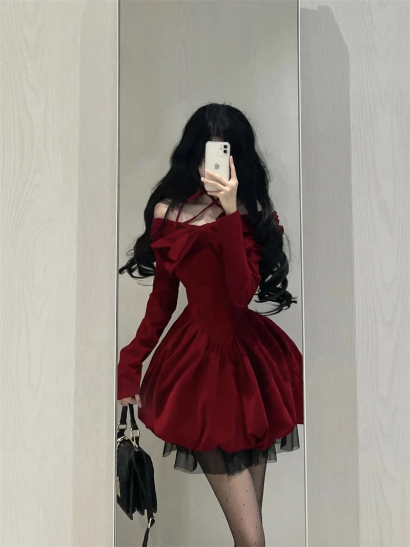 MEXZT Vintage Bow Mini Dress Women Y2K Sexy Slash Neck Red Velvet Dresses Winter Kawaii Christmas Party Bodycon A Line Vestidos