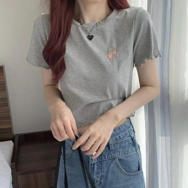 Summer Embroidered Short T-shirt Women Wooden Edge Irregular Slim Short Sleeve Top Plant Pattern Fiber Fabric Elegant Style