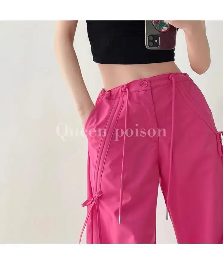 American Style Women's Summer Cargo Pants With Bowmint Green Drawstring Casual Bell Bottoms New 2024 Fashion Trend Long Pants