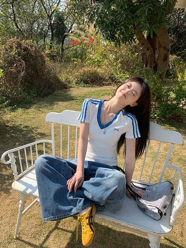 Women Clothing Summer Fashion Casual Striped Color Blocking V-neck Ladies Ladies Simplicity All-match Appear Thin Short Sleeve