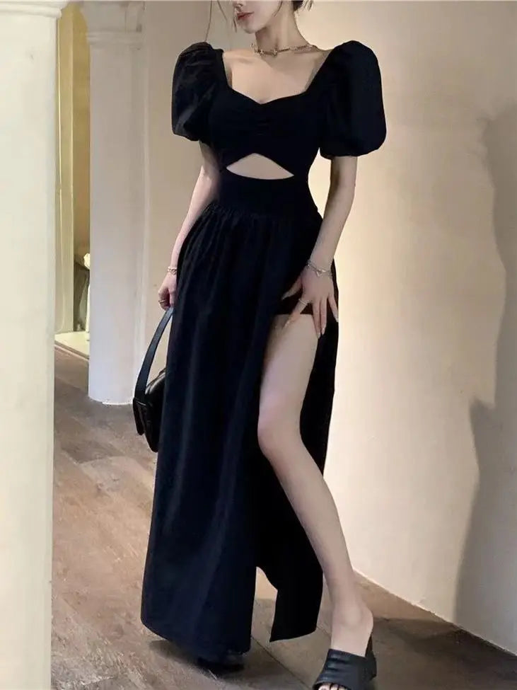 Short Puff Sleeve Black Dress Women Hollow Out Design Split Square Collar Temper Korean Style Fashion Ladies Attractive Ulzzang