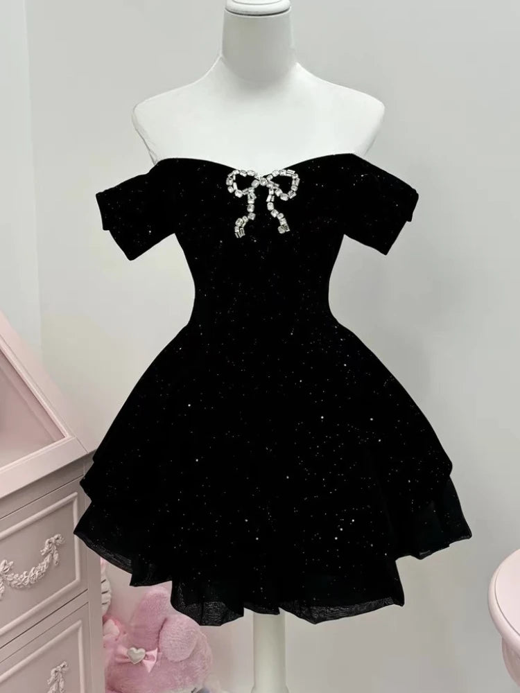 French Black Vintage One Piece Dress Woman Gothic Off Shoulder Bow Short Dresses Female Fairy Birthday Party Chic Outfit 2025