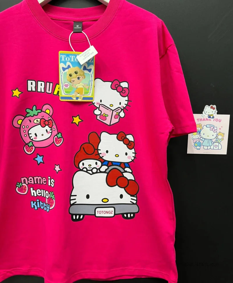 Sanrio Hello Kitty New Clothes Rose Red Fashion Short Sleeve T-shirts Y2k Summer Cotton Loose Tees Women Korean Style Sweet Tops