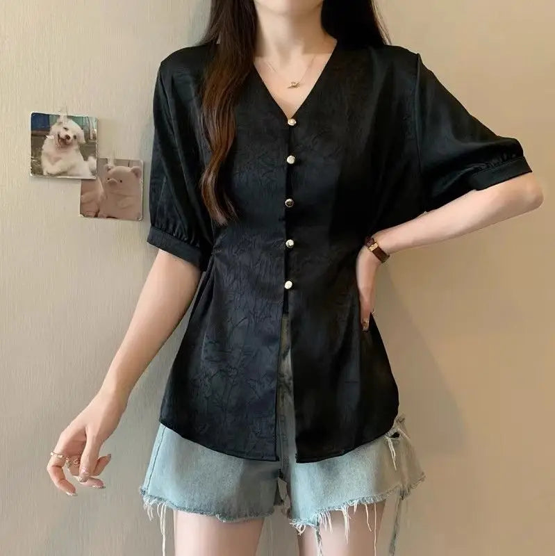Women Clothes Summer Fashion Korean Button Solid Color V-neck Puff Sleeve Female Simplicity Elegant Temperament Short Sleeve Top