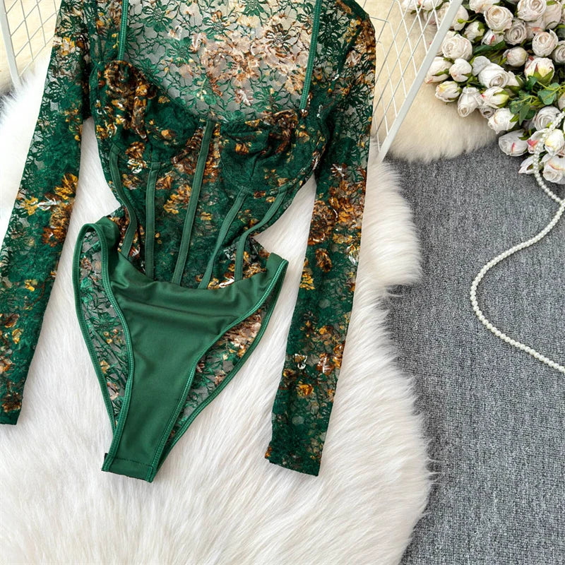 Women's Green Lace Jumpsuits Vintage Skinny Playsuits Harajuku Long Sleeve Square Collar Exotic Sexy Rompers Coquette Clothes