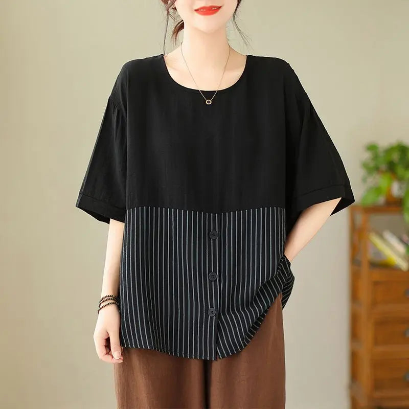 Summer New Plus Size Women's Fashion Striped Patchwork Tops Tees Youth Short Sleeve Loose Vintage T Shirts Casual Trend Clothing