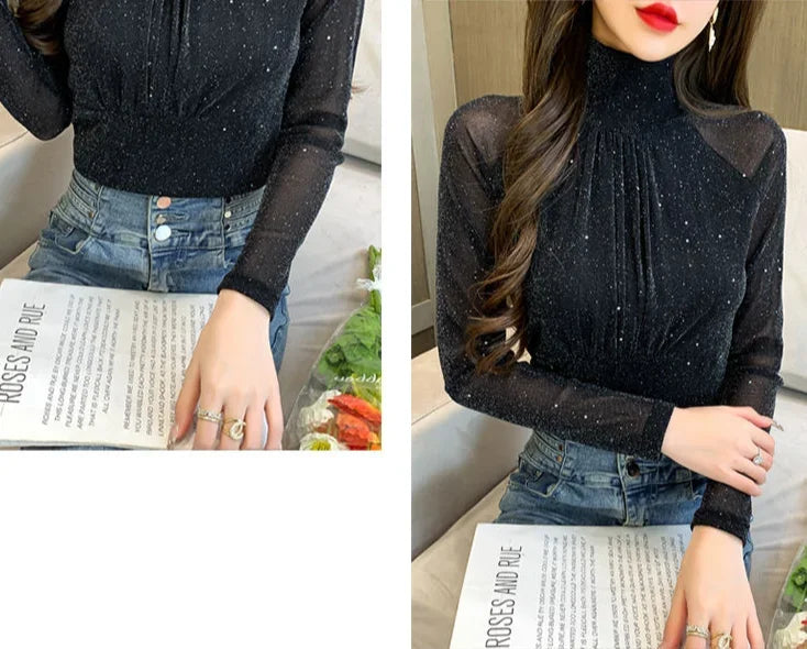 Sequin Long Sleeve T Shirt for Women Rhinestone Slim Plain Glitter Tops Woman Korean Popular Clothes With Sleeves Pulovers Kpop