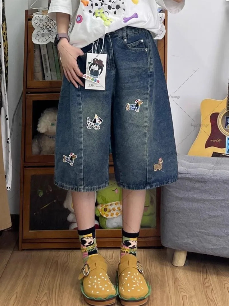 Retro High Street American Puppy Embroidered High Waist Loose Fashionable Jeans Men Harajuku Casual Punk Straight Pants Women