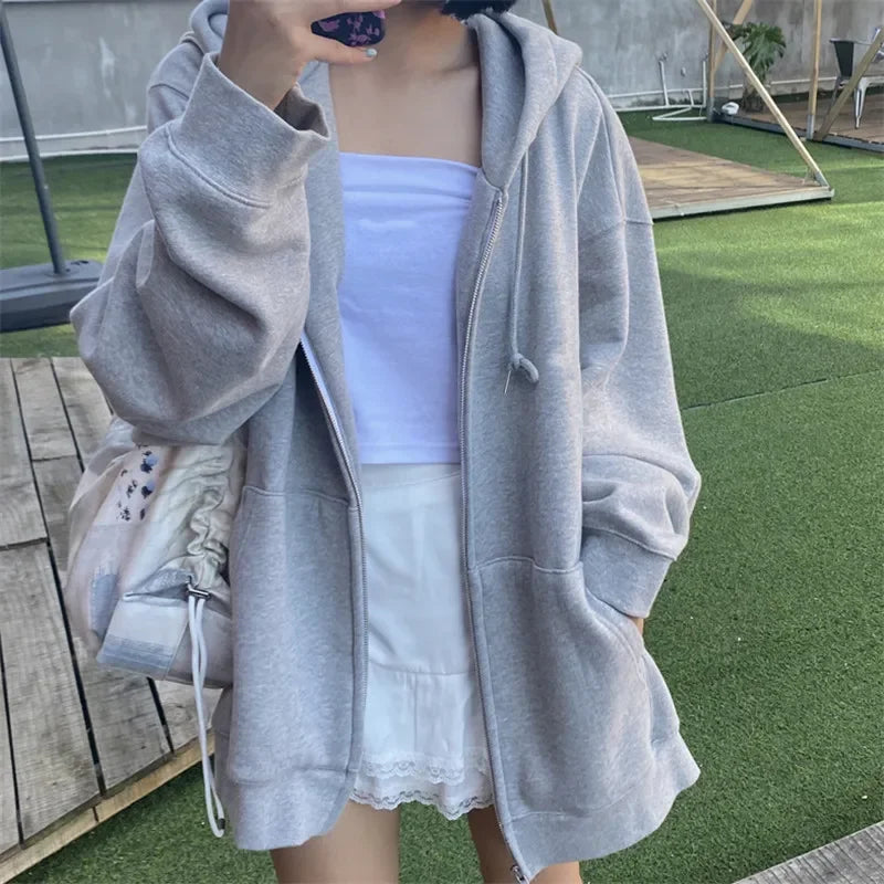 Gray Hooded Sweatshirt Women's New Loose Fleece Zipper Casual Sports Jacket Spring Autumn Long Sleeve Open Cardigan Top