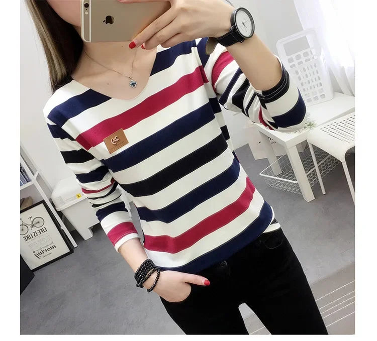 Korean Style Spring Autumn Women's T-shirt New Stripe Long Sleeve Top Slimming Base Layer Inner Outer Wear V-neck