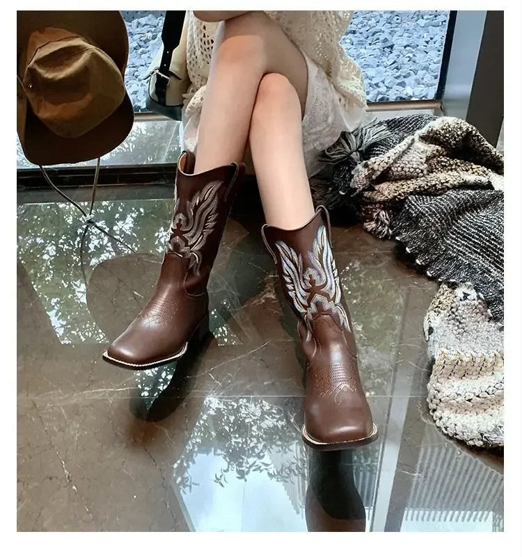 Fall Women Mid-calf Boots 2025 Vintage Leather-covered Brown Western Cowboy Boots Embroidered Chunky Heel Thigh-high Knight Boot