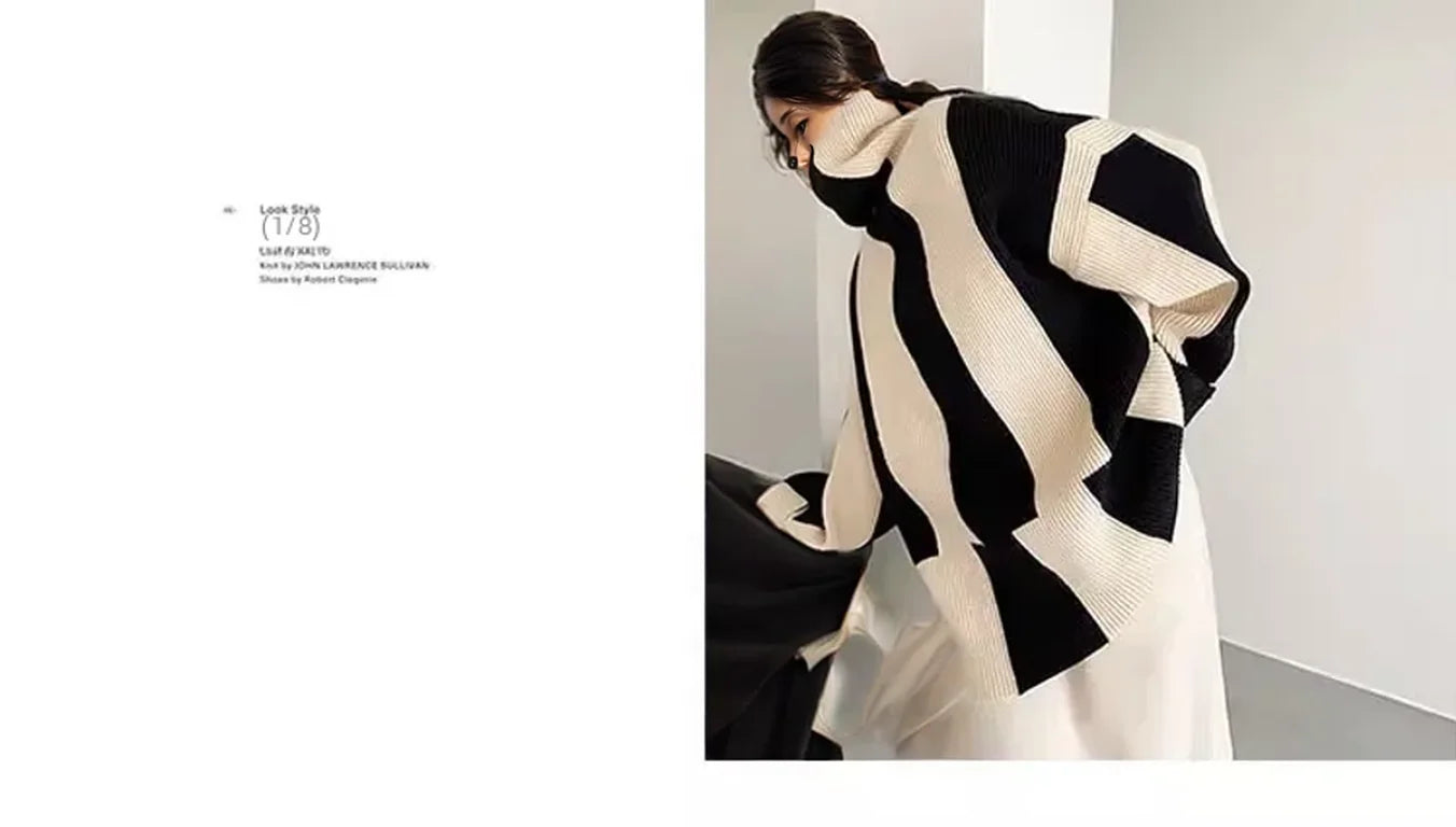 High-crowned Lazy Style Black White Stripe Wool Coat Women Autumn Winter Outdoor Warm Soft Cover Knitted Top Thick