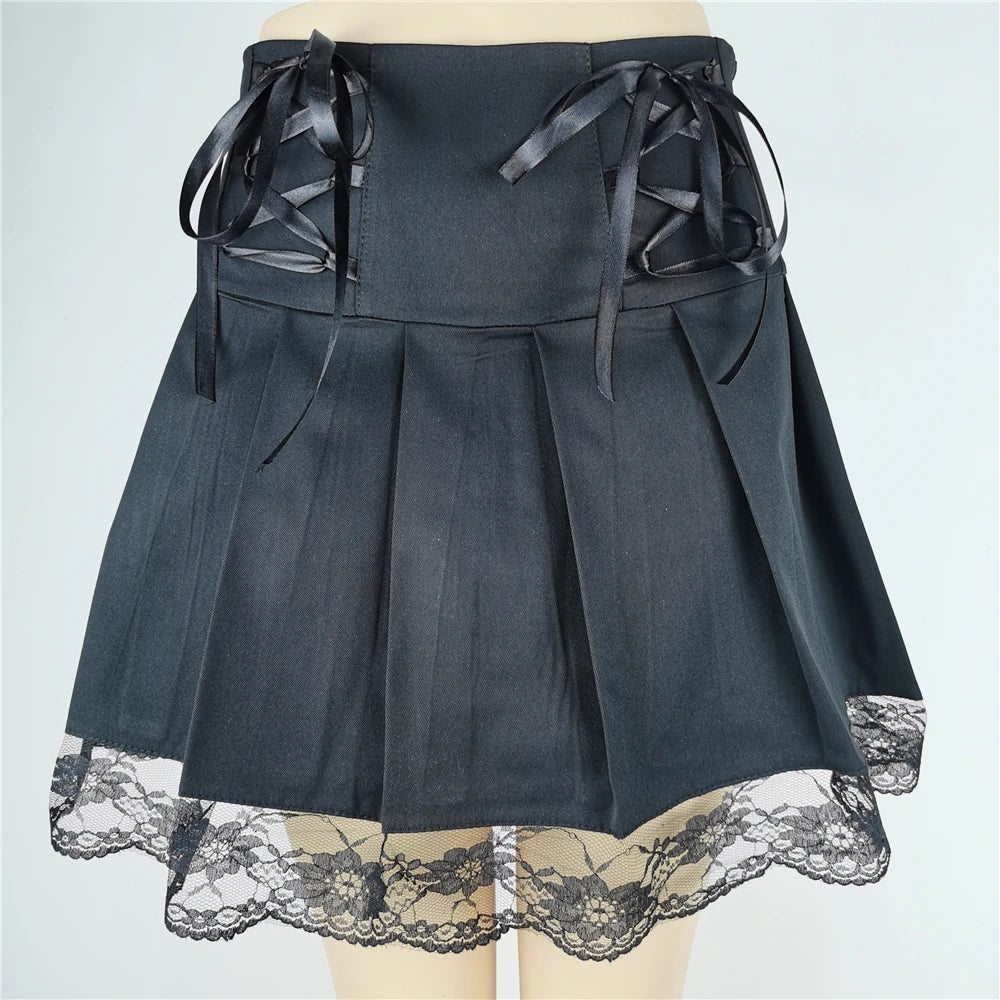 FICHOR Mall Goth Gothic Lace Ruffle Mini Skirts Womens Harajuku Fairy Grunge Pink Plaid Pleated Skirt Japanese Lolita Streetwear