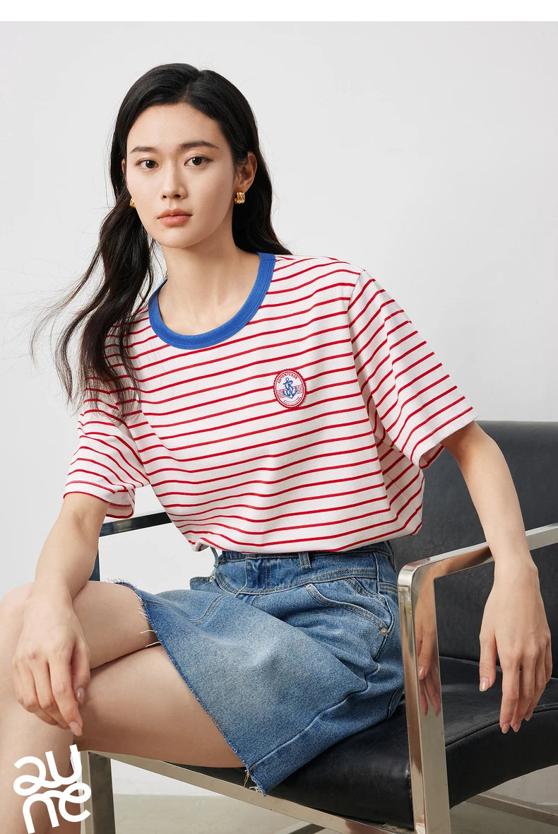 TOYOUTH Women Striped Short Sleeved T-shirt 2024 Summer New Academy Style Round Neck Top