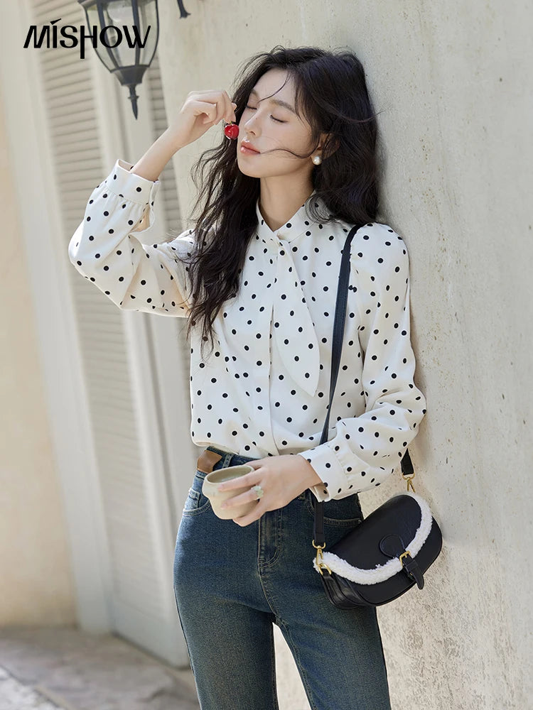 MISHOW Wave Point Long Sleeve Brushed Blouse Rabbit Ear Collar 2024 Winter Women Clothes Temperament Thickened Shirts MXD56X1697