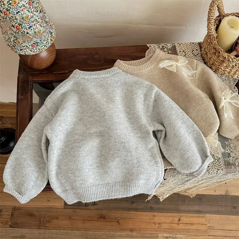1-10Y Korean Children Clothing Autumn New Girl Baby Toddler Solid Bow Sweaters Winter Fashion Sweet Kid Princess Knitted Sweater