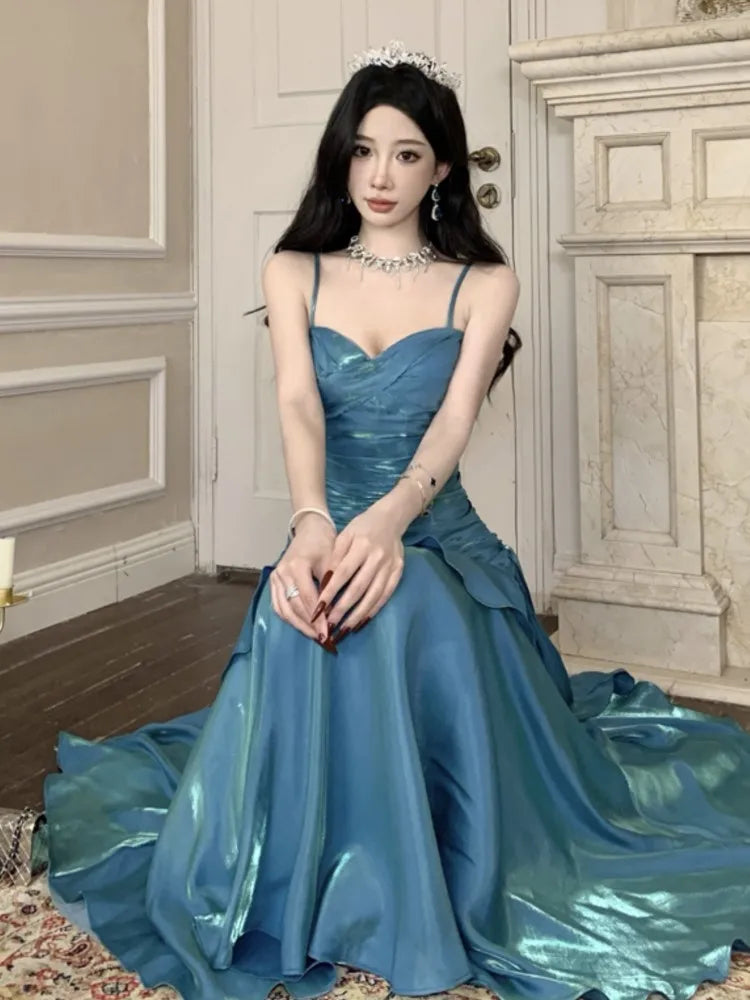 Sexy Shiny Glitter Mermaid Evening Party Prom Gowns Spring Summer Spaghetti Strap Ruffled Dresses Sleeveless Slim Waist Robe