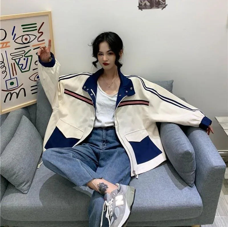 Patchwork Jacket Women American Loose Streetwear Blue and White Zipper Clothes Casual Chic Long Sleeve Harajuku Outwear