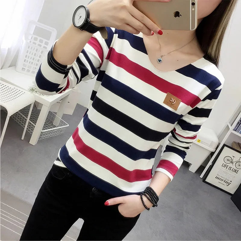 Korean Style Spring Autumn Women's T-shirt New Stripe Long Sleeve Top Slimming Base Layer Inner Outer Wear V-neck