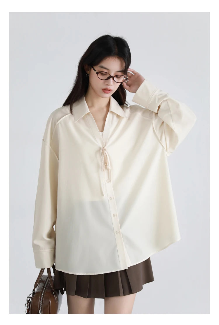 CHIC VEN Women Shirt Loose Casual Solid New Lapel Tie Design Sun Protection Blouses Long Sleeved Female Coat Summer 2025