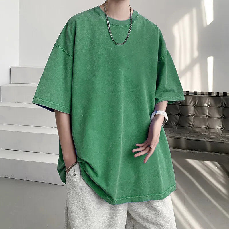 Summer Cotton Short Sleeved T-shirt Men Oversized Retro Washed T Shirt Men Streetwear Hip-hop Loose Round Neck T Shirt Mens Top