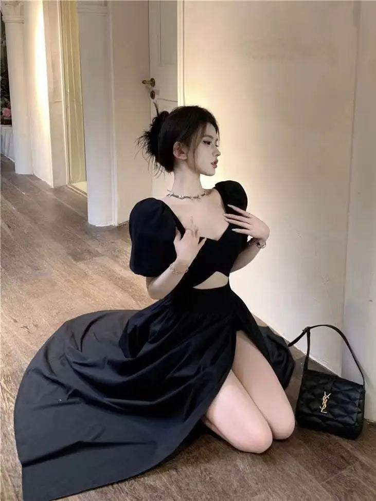 Short Puff Sleeve Black Dress Women Hollow Out Design Split Square Collar Temper Korean Style Fashion Ladies Attractive Ulzzang