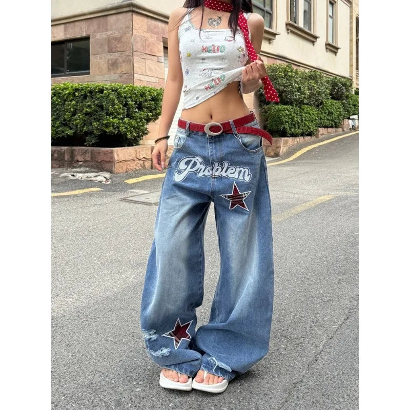 Blue Gothic Ripped Jeans Women Summer Baggy Aesthetic Denim Trousers Harajuku Oversize Jean Pants Vintage 2000s Trashy Clothes
