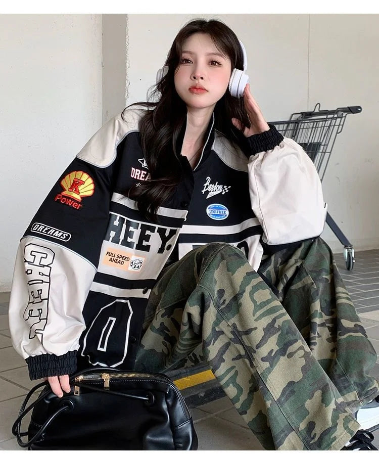 2023 Y2k Red White Bomber F1 Jacket Women Men Biker Racer Jacket Retro Hip Hop Grunge Clothes Trend Oversize Windbreaker Varsity