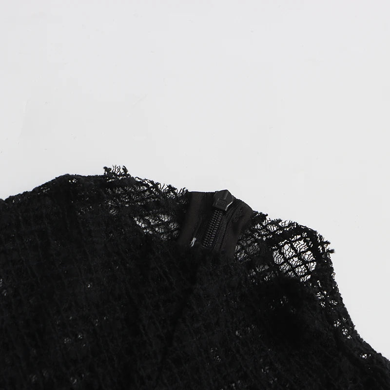 TWOTWINSTYLE Solid Hollow Out Slimming Dresses for Women O Neck Long Sleeve High Waist Temperament Dress Female Fashion