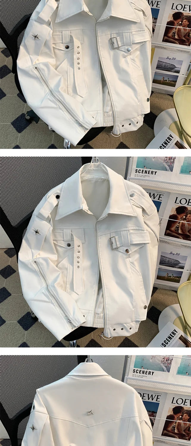 Niche deconstruction Heavy Industry leather jacket for men Spring and autumn design sense loose short motorcycle leather jacket