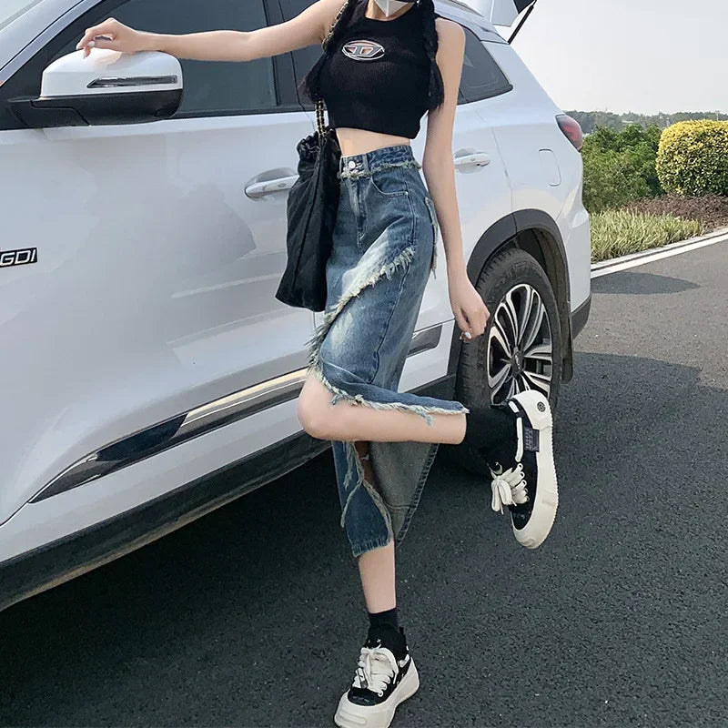 Fashionable Denim Skirt For Women High-waisted A- line Hip Covering Long Dress Casual Style Perfect For Summer 2024