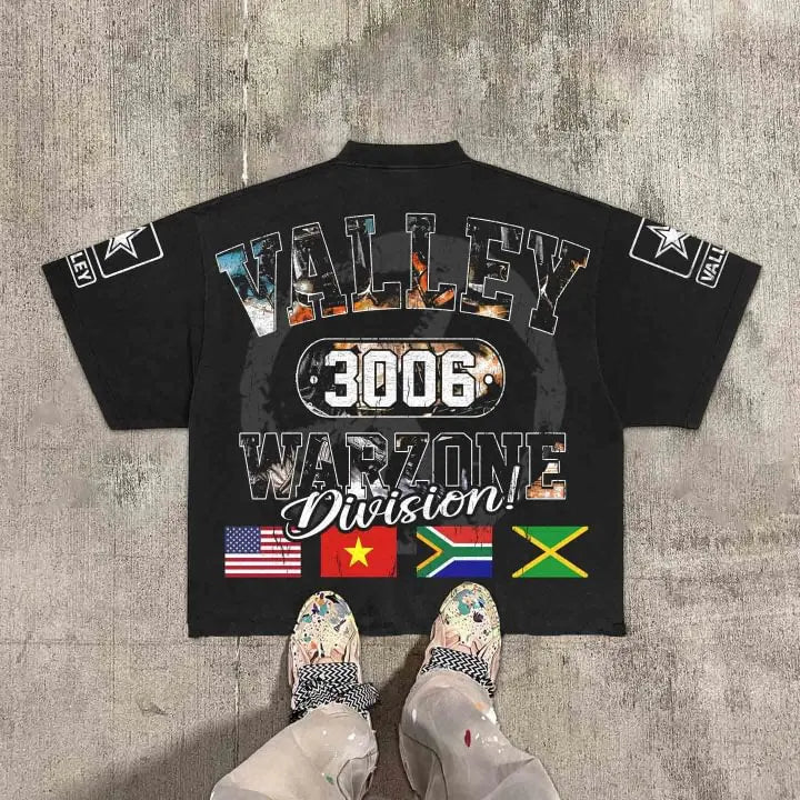 Vintage Warzone Valley Division Graphic 100% Cotton T-Shirt Cropped Tees Men and women same style, casual and comfortable
