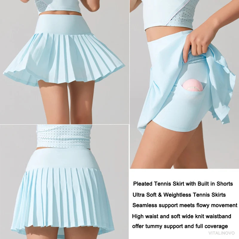 VITALINOVO Pleated Tennis Skirt for Women with Pocket Shorts Women's High Waisted Lightweight Athletic Golf Skorts Skirts Flowy
