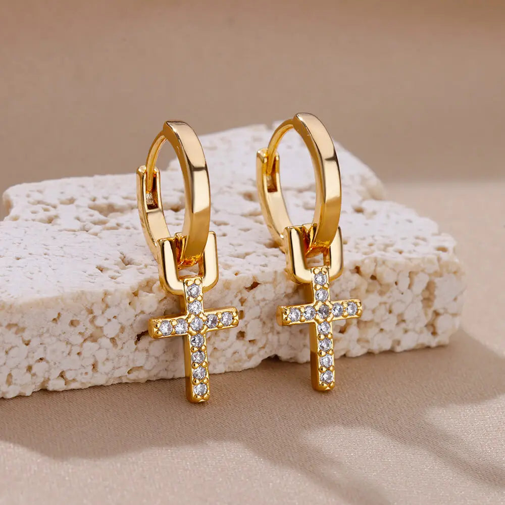 Zircon Cross Dangle Earrings For Women Girls Stainless Steel Cross Earring 2023 Trending Couple Wedding Aesthetic Jewelry aretes