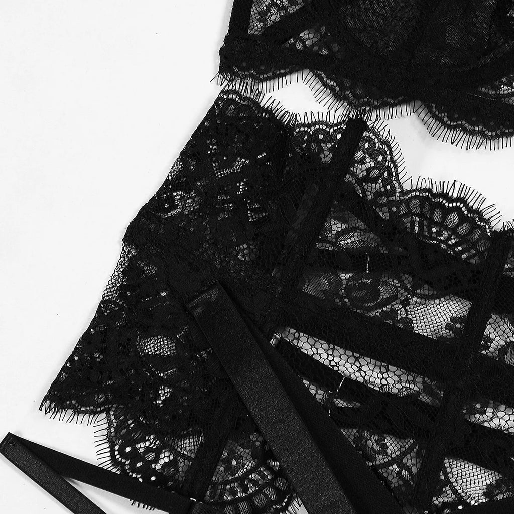 New lace pick-up body sculpting sex set perspective neck sexy underwear four-piece set lace bodysuit body suit sexy lingerie