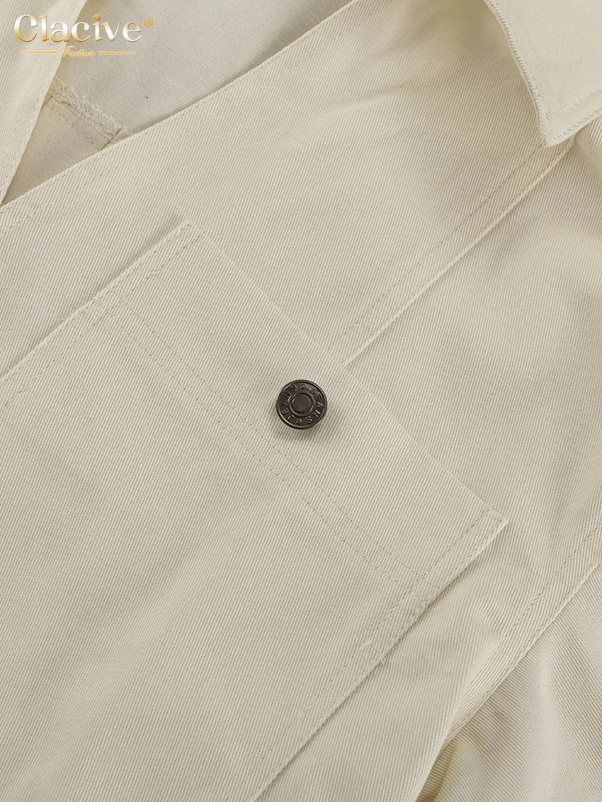 Clacive Fashion Loose Beige Cotton Women's Two Pieces Set Summer Short Sleeve Shirt With High Waist Shorts Set Female Clothing