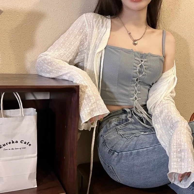 Women's Knitted Summer Top Thin Short Sleeve Bow Design Korean Cardigan Fashion Casual Solid Color Sun Protection Y2k Blouse