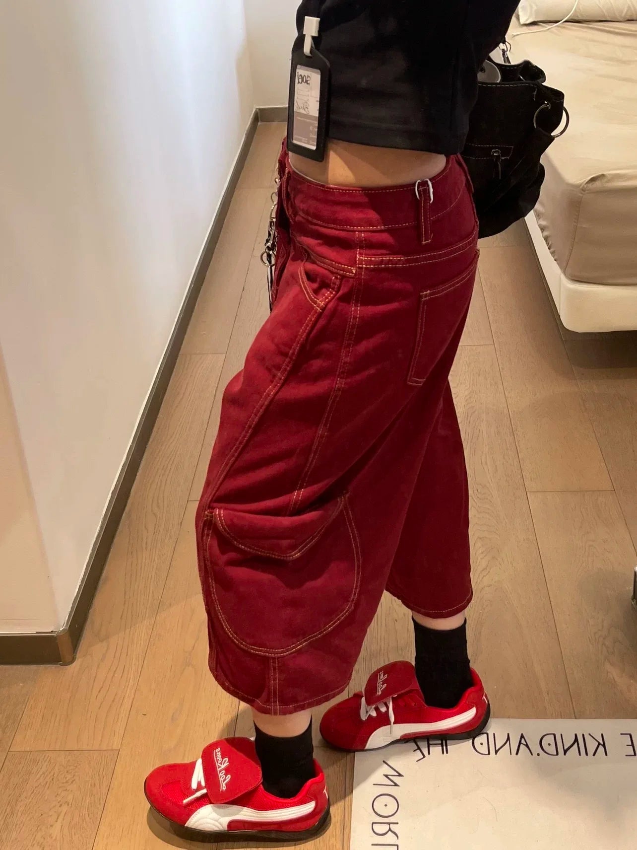 Botvotee Burgundy Calf Jeans for Women High Waisted Wide Leg Baggy Cargo Denim Shorts 2000s Y2k Vintage Streetwear Short Jeans