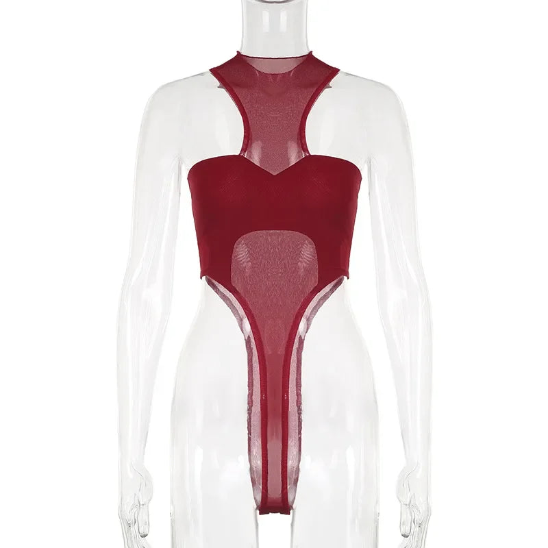 Red Lingerie Sexy Bodysuit Transparent Mesh Body Feminino Neck-mounted One-pieces Backless Tops For Women Y2k Clothes Bustier