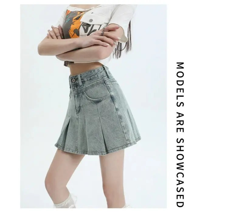 American Sle Versatile High Waist Denim  Skirt Women's Summer New plus Size Pleated Skirt Small Size Slim A-Line ves