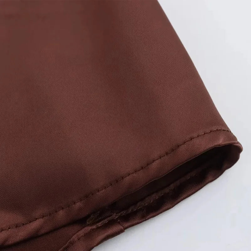 TRAF Halter Satin Long Dress Women Tied Backless Brown Midi Dress Summer Off Shoulder Party Dresses Pleated Evening Dress