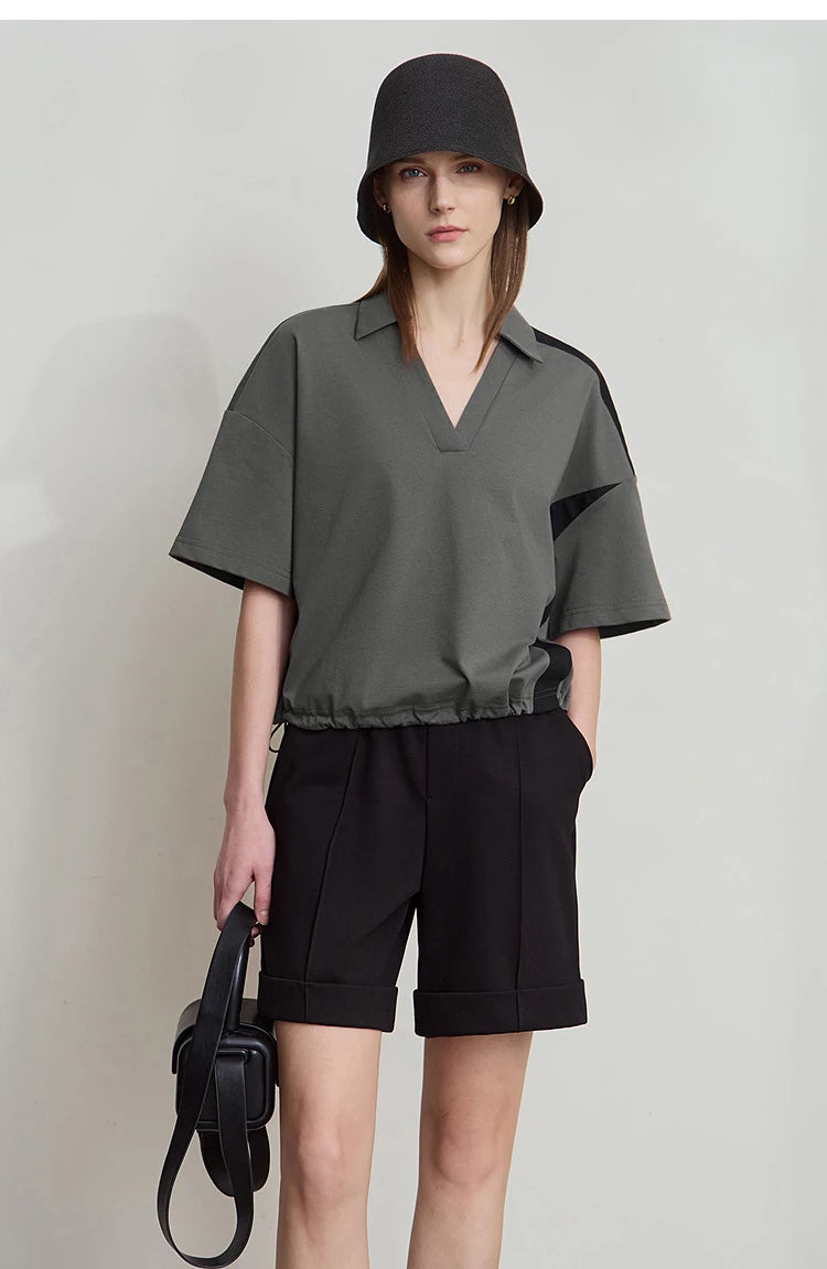 Amii Minimalist Cotton T-Shirts For Women 2025 Summer New V-Neck Pullover Loose Short Shoulder Sleeve Chic Commute Tops 12552001