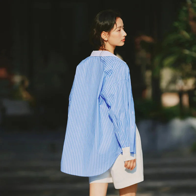 Semir Long Sleeve Shirt Women Mid-long Style Striped Pure Cotton 2025 New Spring Embroidery Oversize Blouse for Commuting