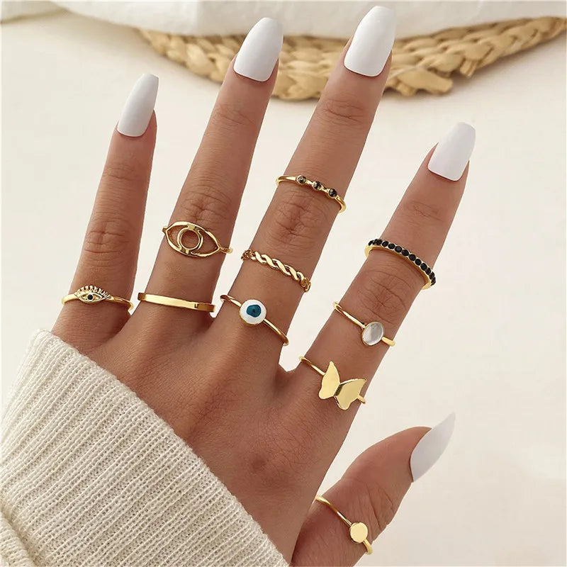 Vintage Shiny Zircon Butterfly Heart Ring Set Gold Color Boho Elegant Eyes Moon Geometric Rings Women Party Jewelry
