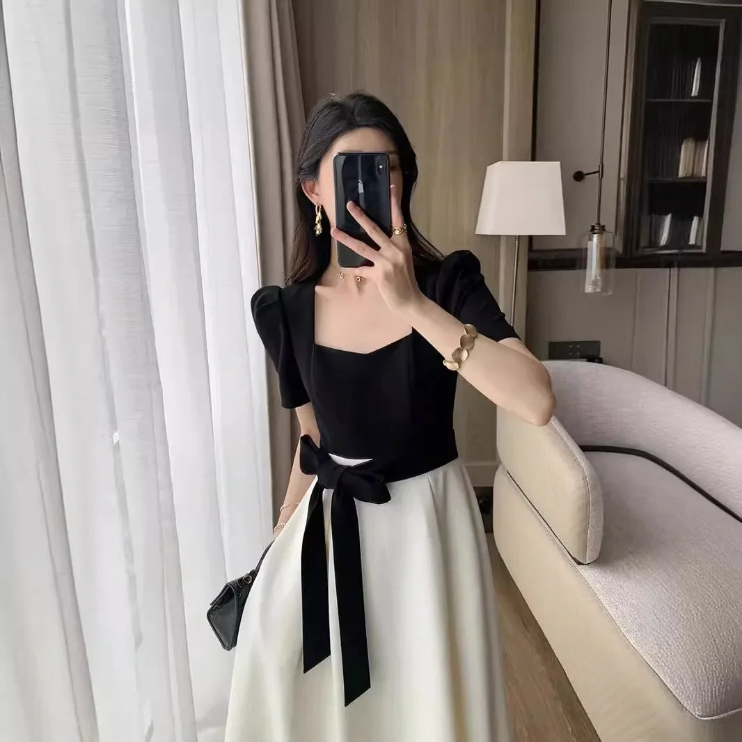 Elegant High-waisted Slimming Black Square Collar Long Dress 2024 New Style Vintage French Fashion For Women
