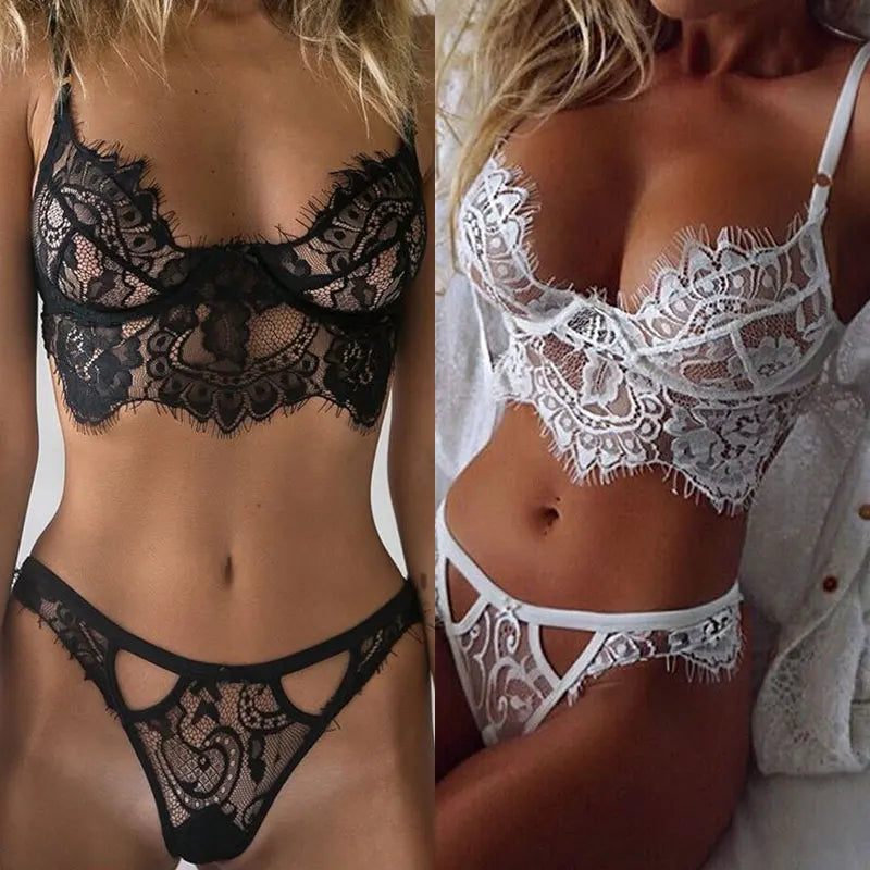 Women's Sexy Lace Underwear Set Ladies Hollow Out Lingerie Black Bodysuit See-through Brassiere Panties Mini Babydoll Bra Thong