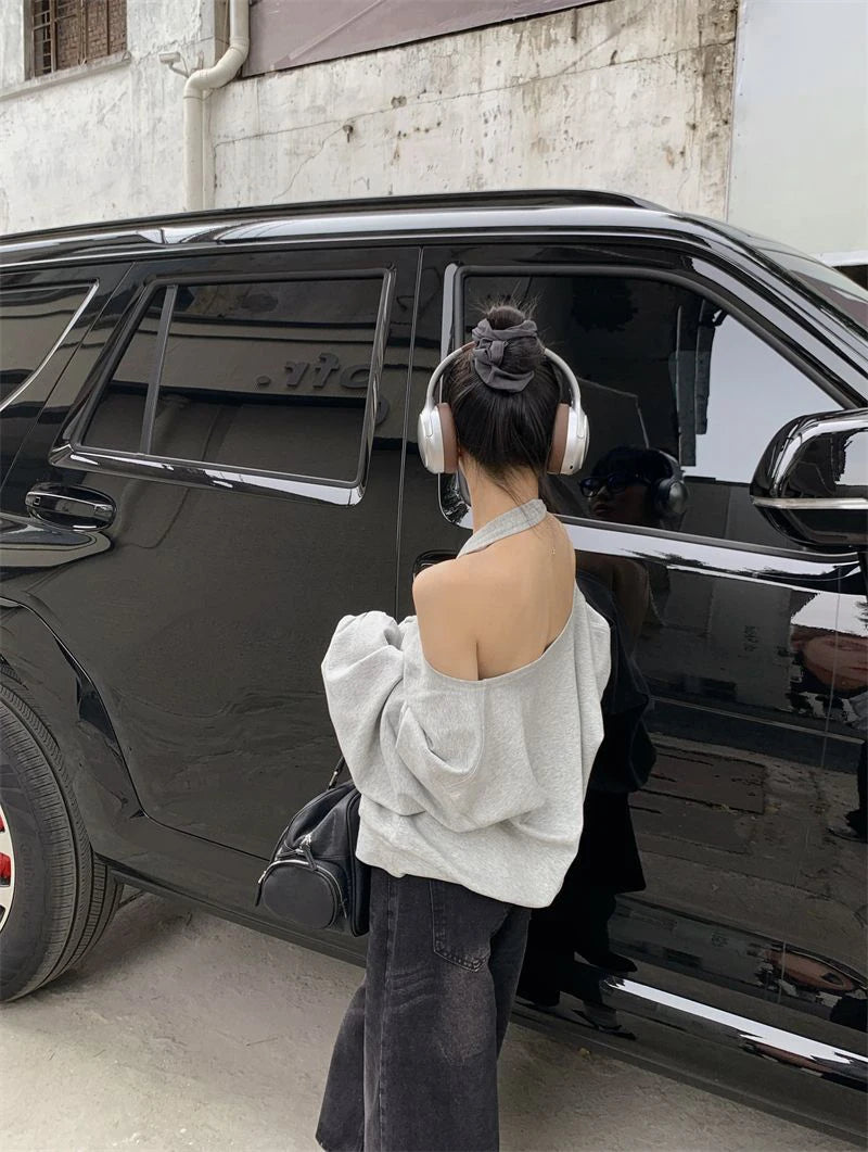 Zoki Sexy Halter Sweatshirt Women Streetwear Off Shoulder V Neck Pullovers Vintage Loose Backless Design Female Korean Tops New