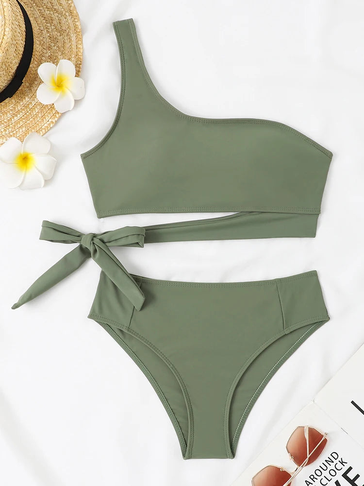 VigoCasey Sexy 2025 One-shoulder Solid Swimwear Women Hollow Push Up Bikini High Cut Lady Swimsuit Brazilian Beach Bathing Suit